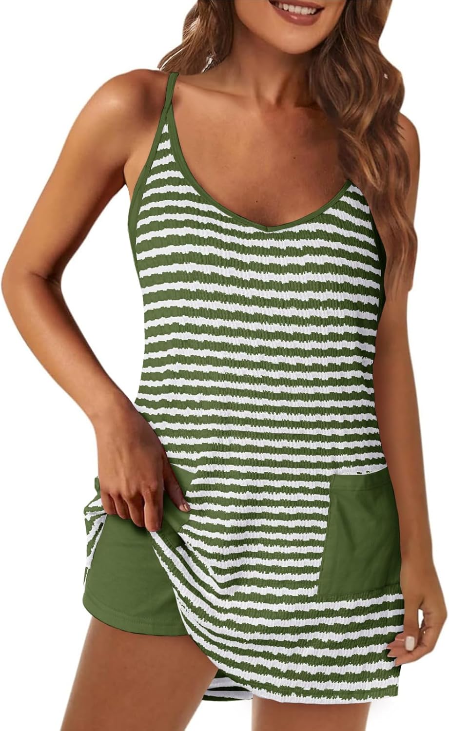 Womens Stripe Athletic Dress Mini Romper Dress with Built in Shorts