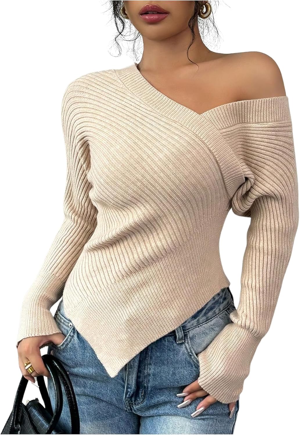 Women's Off Shoulder Ribbed Knit Wrap Asymmetrical Sweater(buy 2 free shipping)