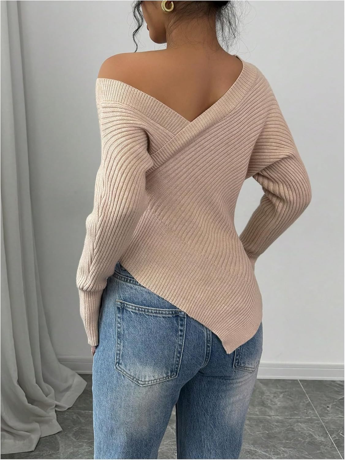 Women's Off Shoulder Ribbed Knit Wrap Asymmetrical Sweater(buy 2 free shipping)
