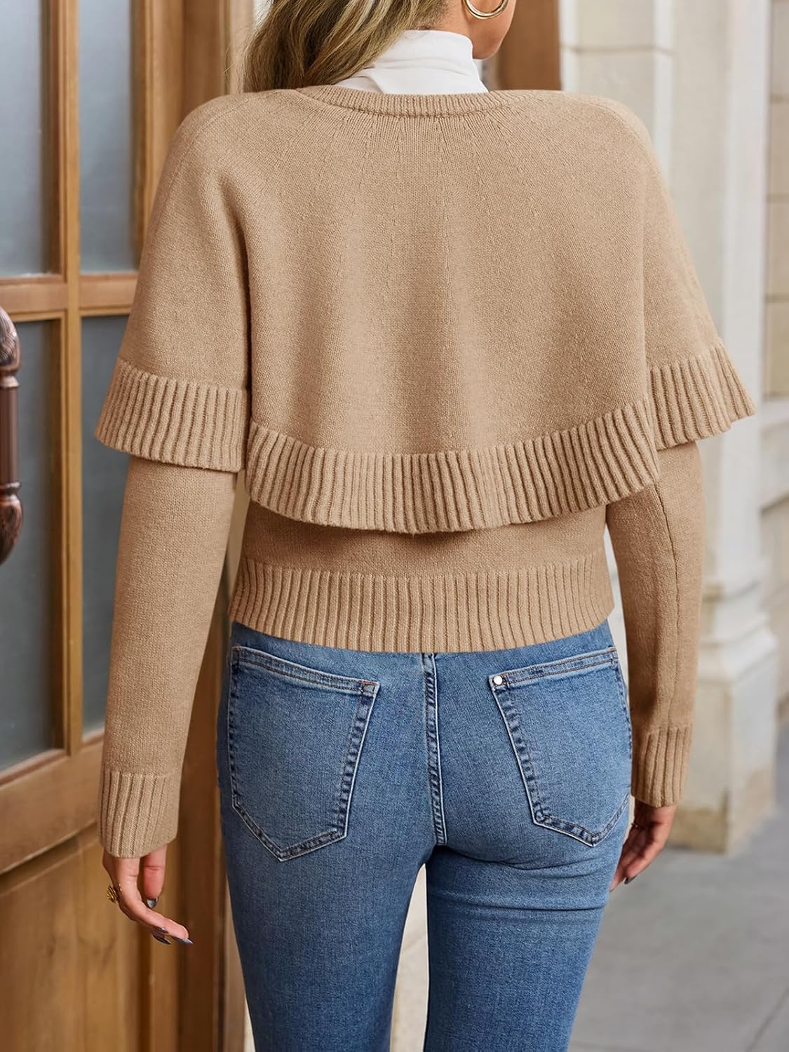 Womens Cropped Cardigan Sweater Long Sleeve Knit Button Up Cape Sweaters