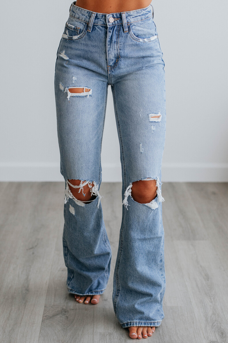 Women's Flared Ripped Stretchy Mid Rise Cut Out Distressed Denim Bootcut Jeans
