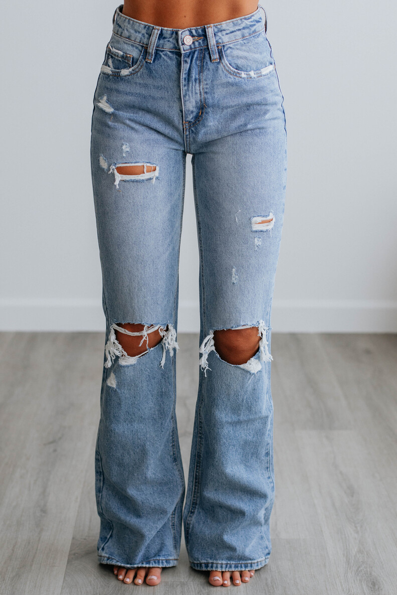 Women's Flared Ripped Stretchy Mid Rise Cut Out Distressed Denim Bootcut Jeans