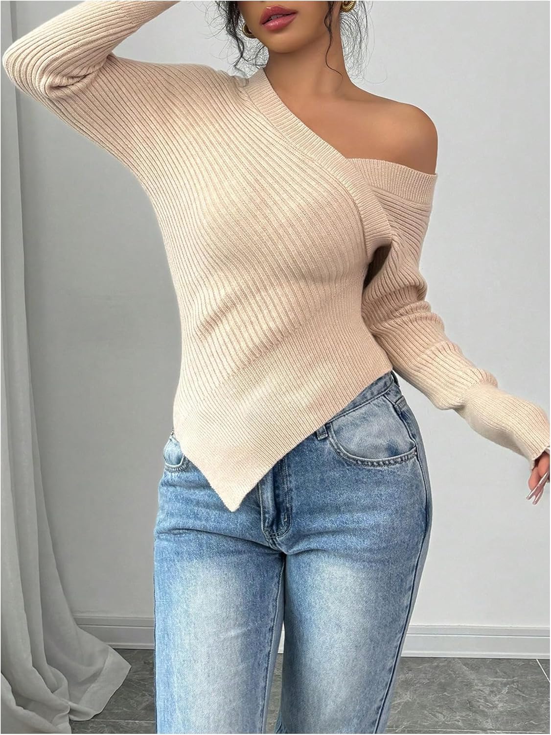 Women's Off Shoulder Ribbed Knit Wrap Asymmetrical Sweater(buy 2 free shipping)