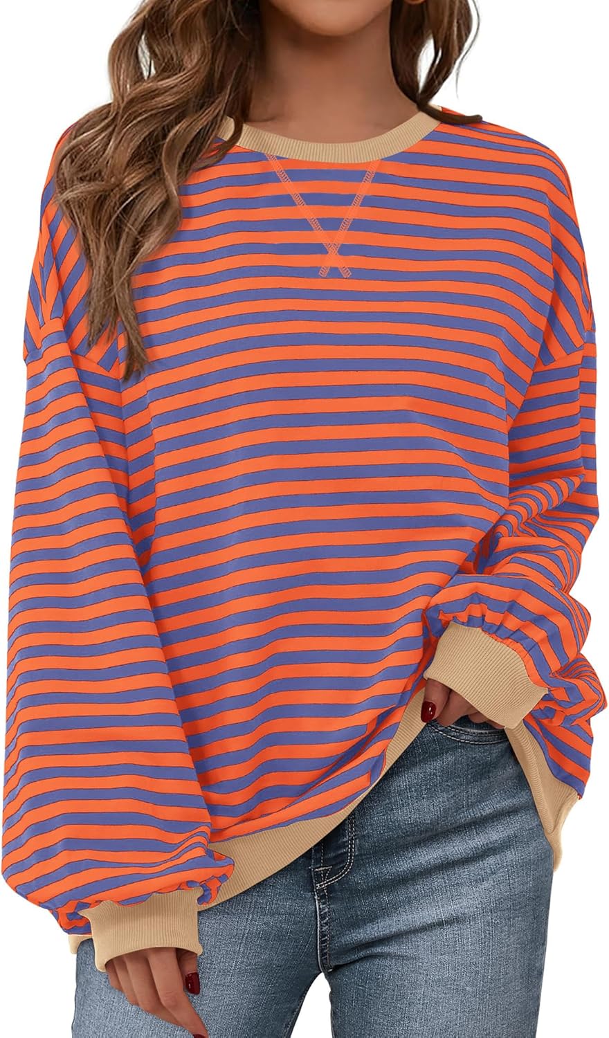 Womens Oversized Striped Sweatshirt Crewneck Long Sleeve Pullover Top