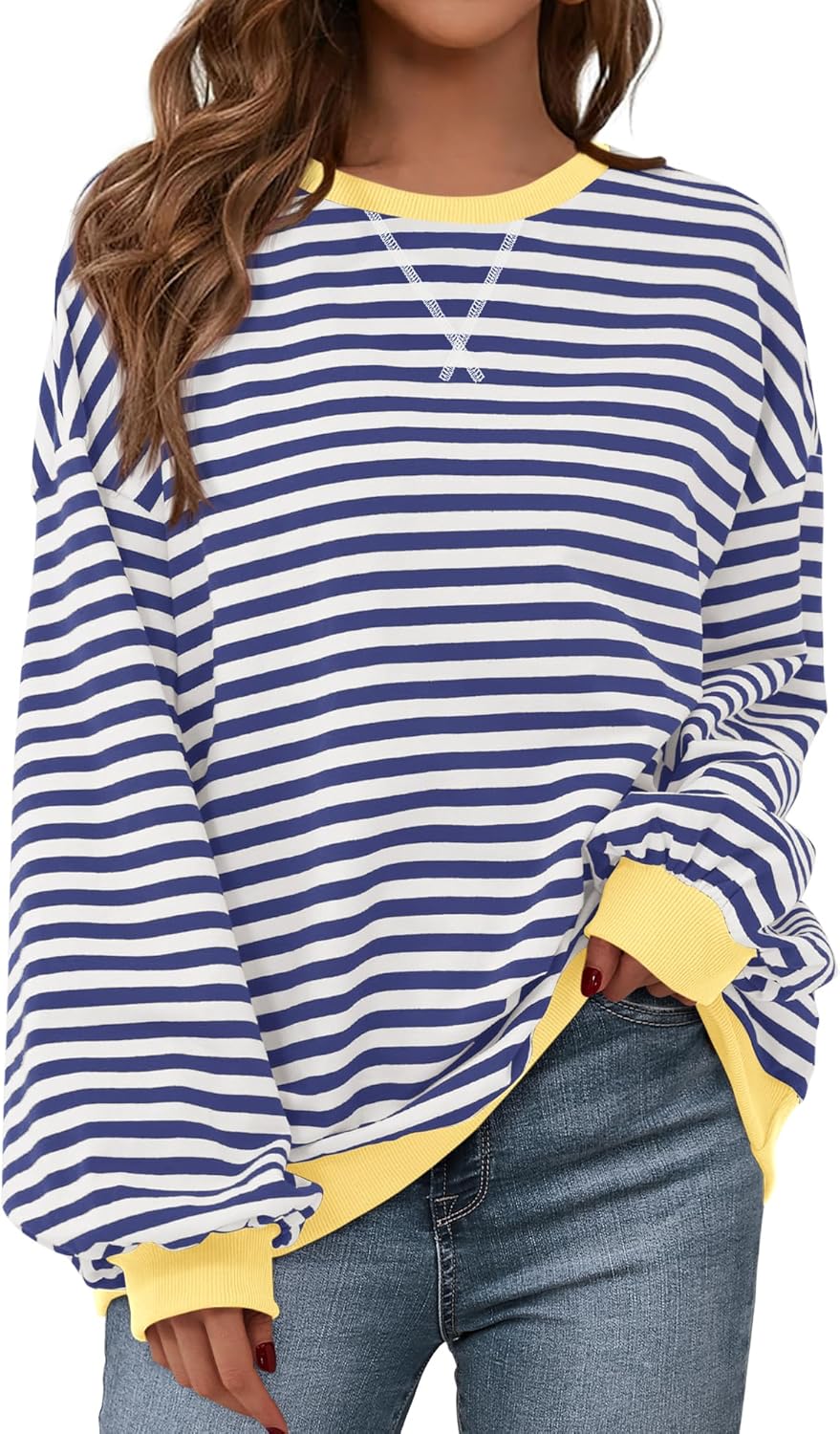 Womens Oversized Striped Sweatshirt Crewneck Long Sleeve Pullover Top