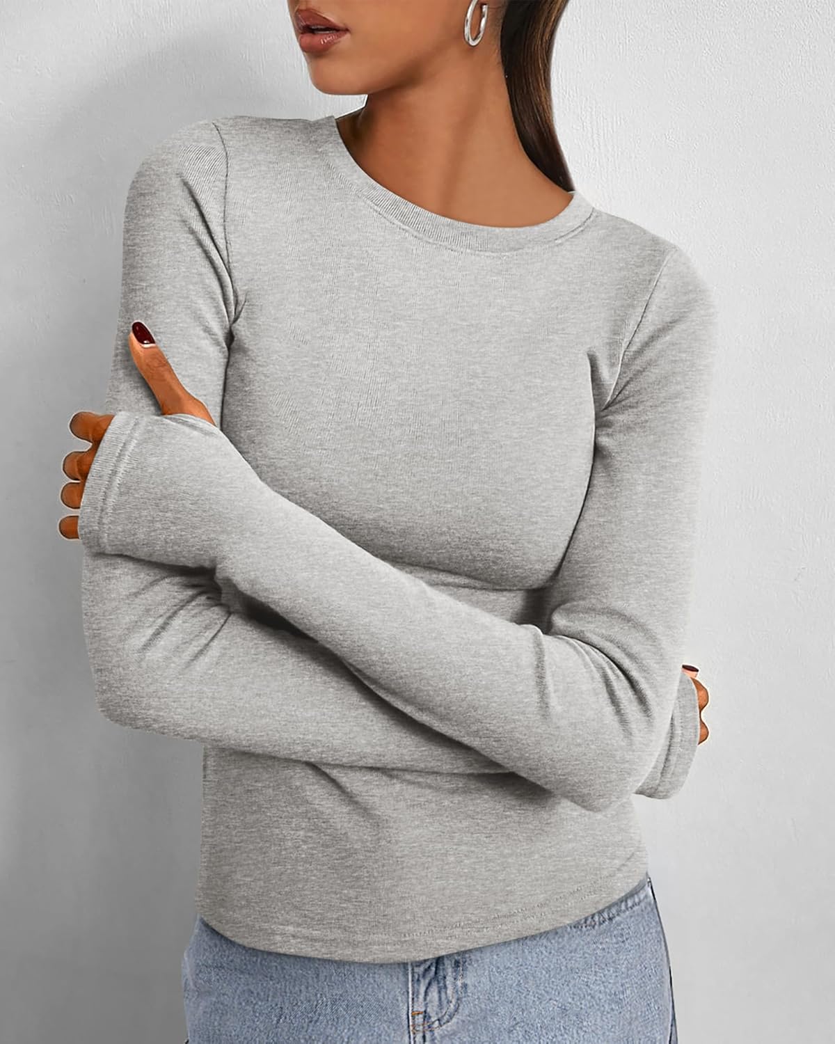 Womens Long Sleeve Shirts Stretchy Slim Fit Going Out Top with Thumb Holes