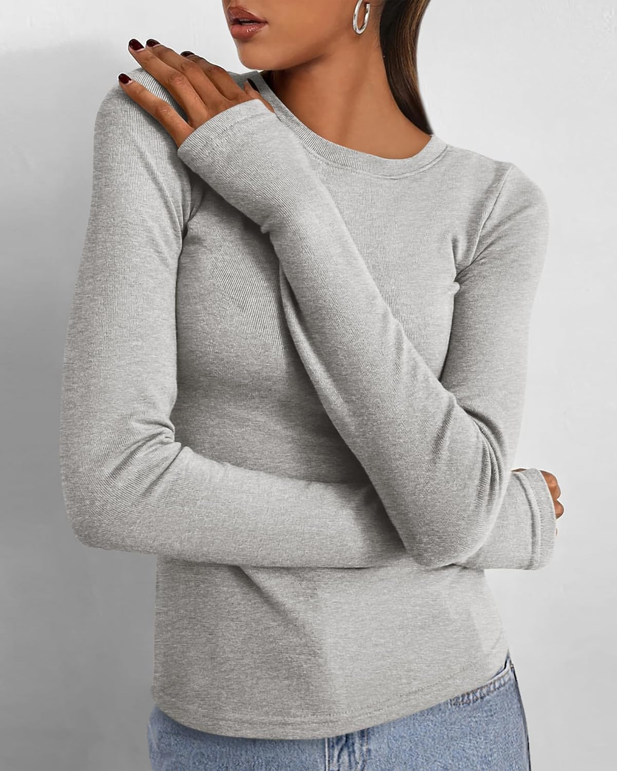 Womens Long Sleeve Shirts Stretchy Slim Fit Going Out Top with Thumb Holes