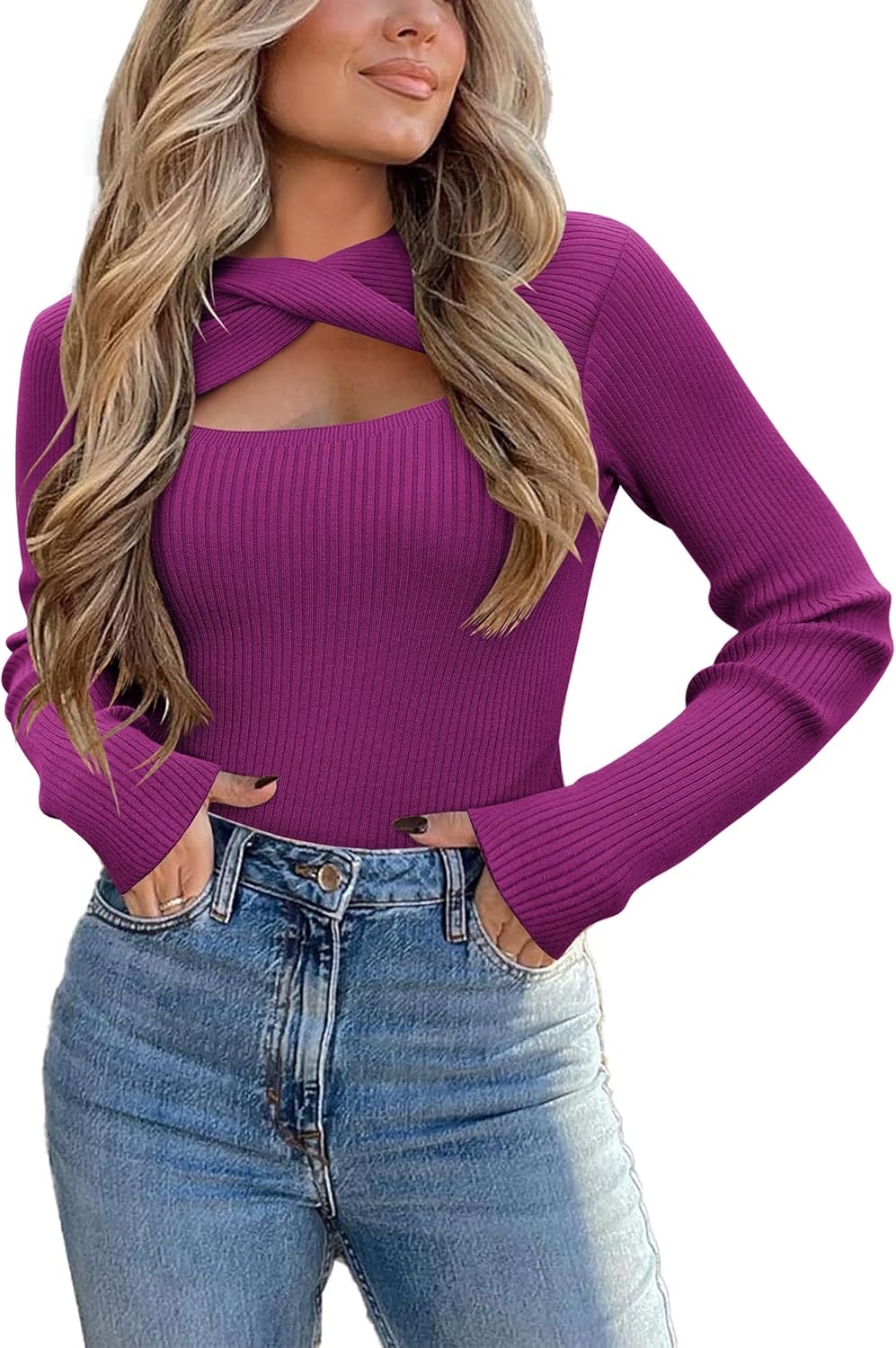 Women's Trendy Long Sleeve Hollow Out Fitted Knitted Pullover Sweaters
