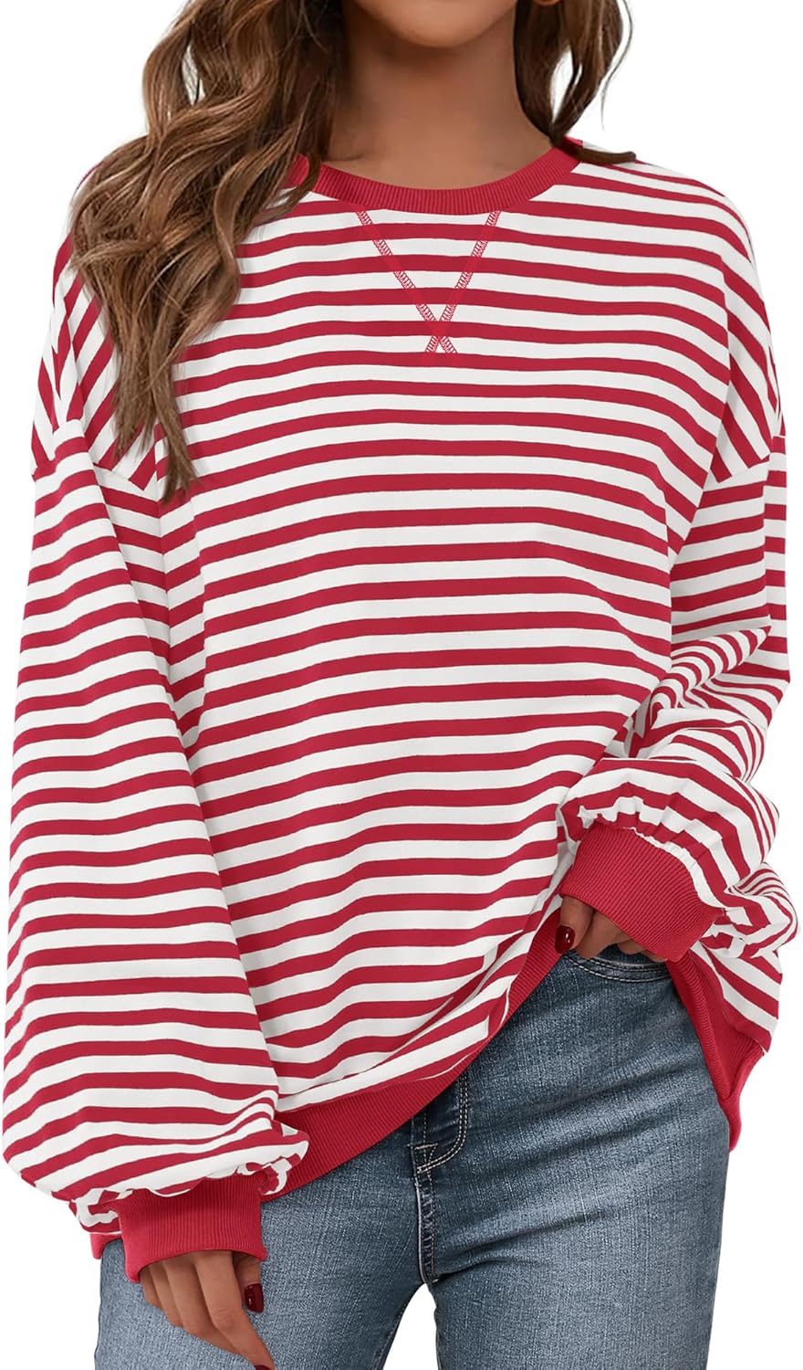 Womens Oversized Striped Sweatshirt Crewneck Long Sleeve Pullover Top
