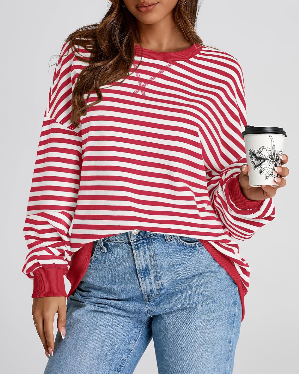 Womens Oversized Striped Sweatshirt Crewneck Long Sleeve Pullover Top