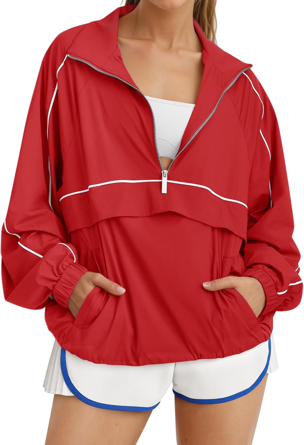 Women Quarter Zip Lightweight Pullover Windbreaker Jacket Oversized Sweatshirt