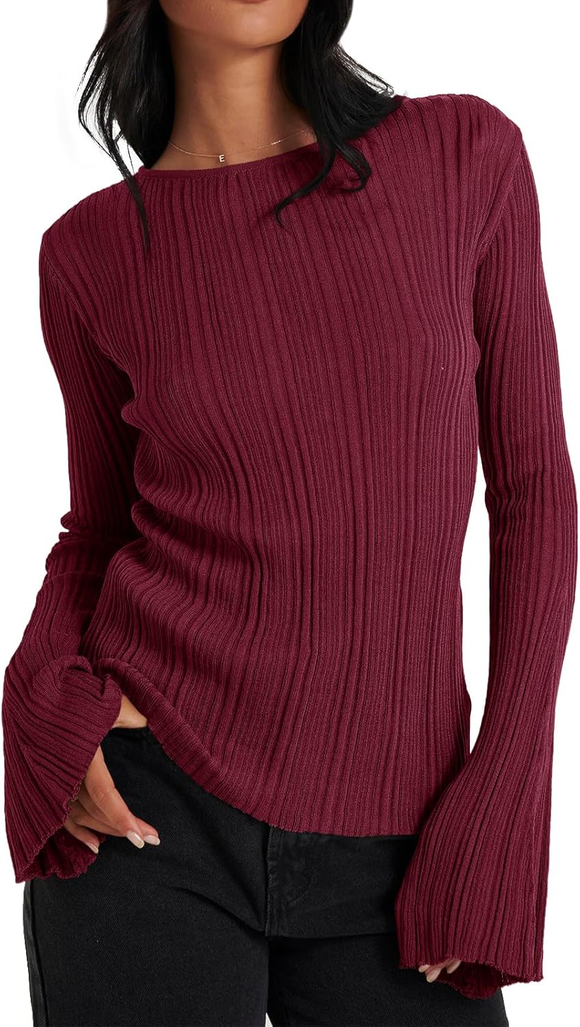 Womens Bell Long Sleeve Knit Tops Lightweight Pullover Sweaters