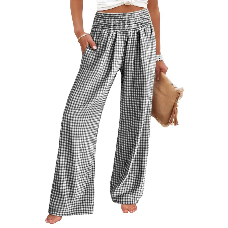Womens Gingham Palazzo High Waisted Pants
