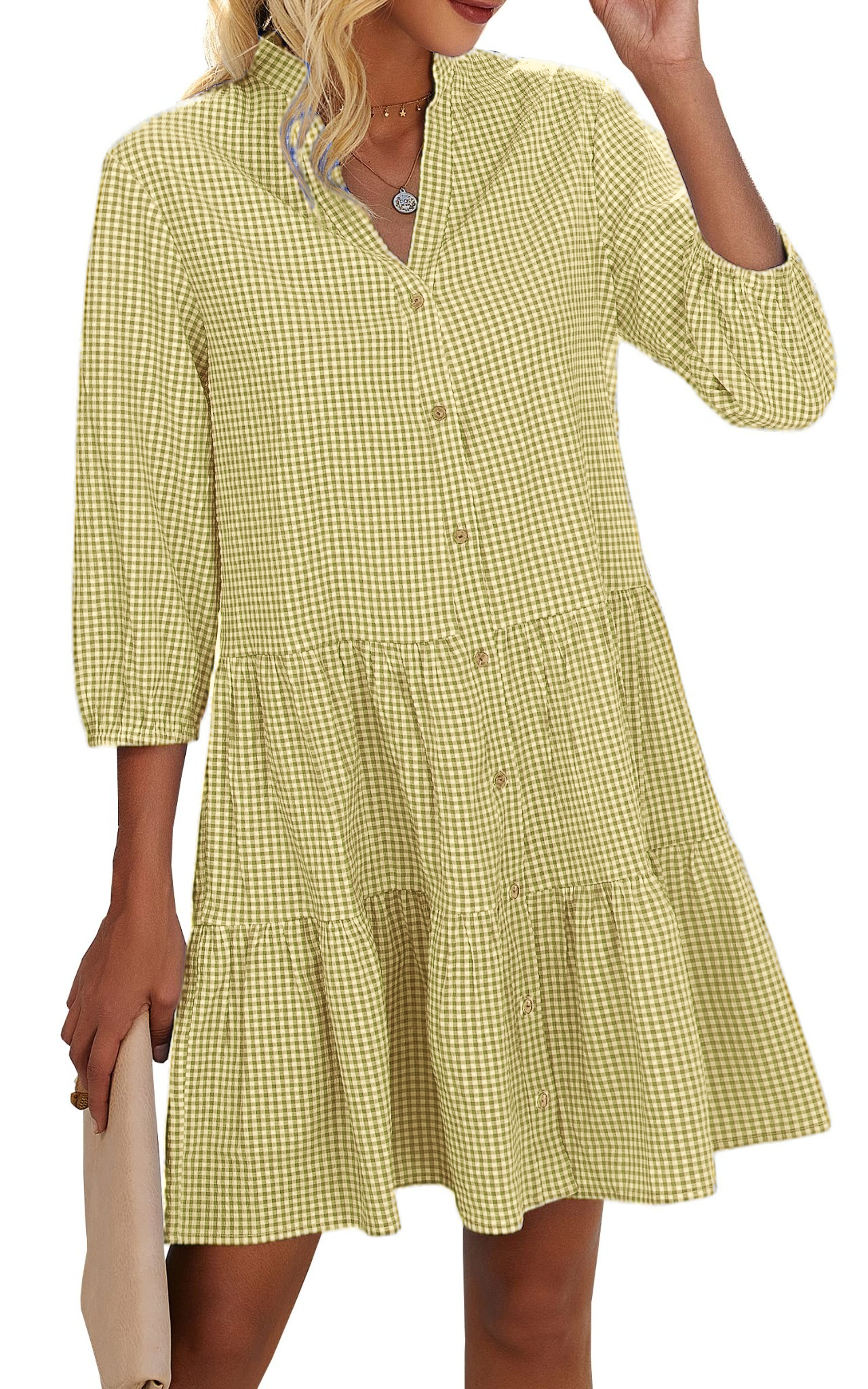 Limited time sale🔥Women's Button Down 3/4 Sleeve Gingham Shirt Dress(BUY 2 FREE SHIPPING)