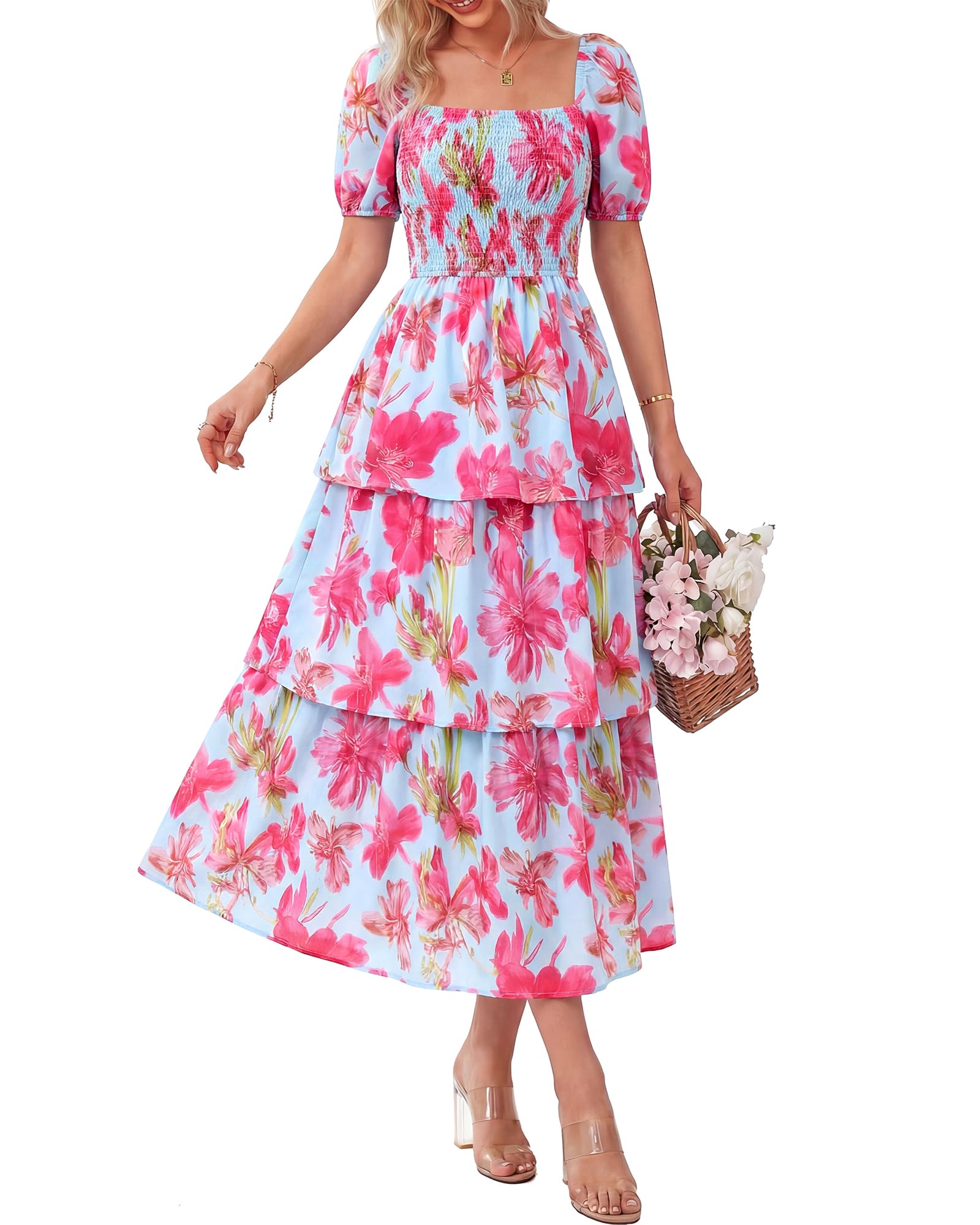Women's Floral Square Neck Puff Short Sleeve Smocked Tiered Dress