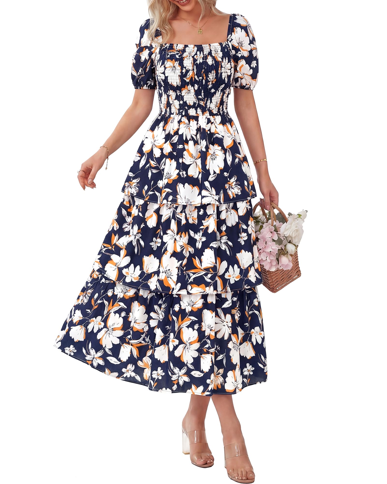 Women's Floral Square Neck Puff Short Sleeve Smocked Tiered Dress