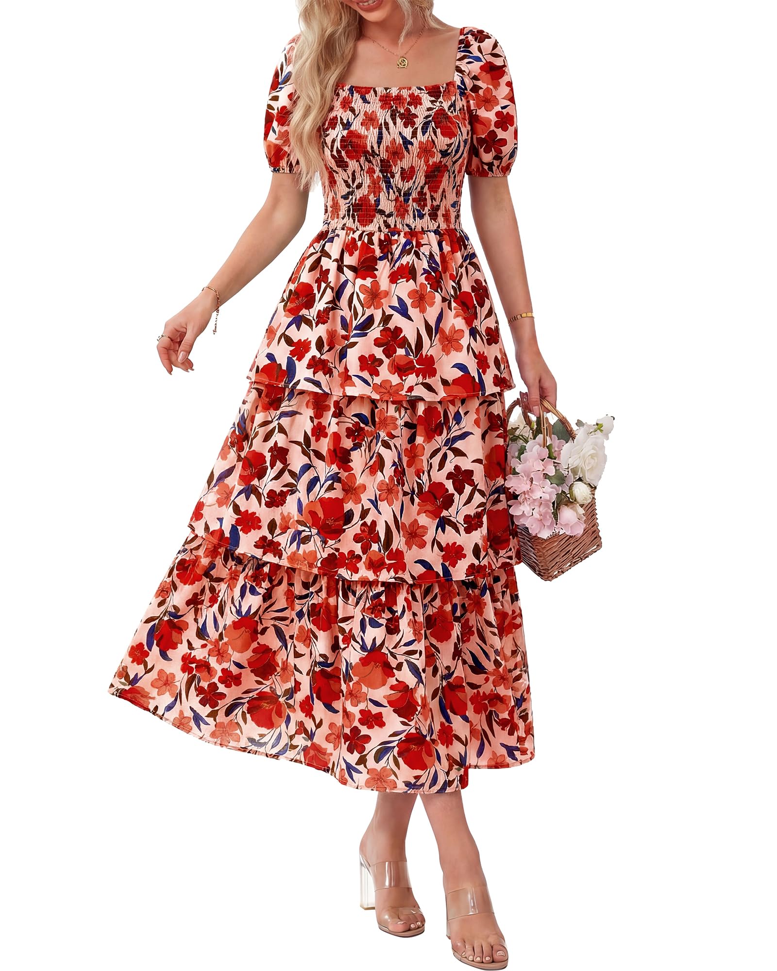 Women's Floral Square Neck Puff Short Sleeve Smocked Tiered Dress