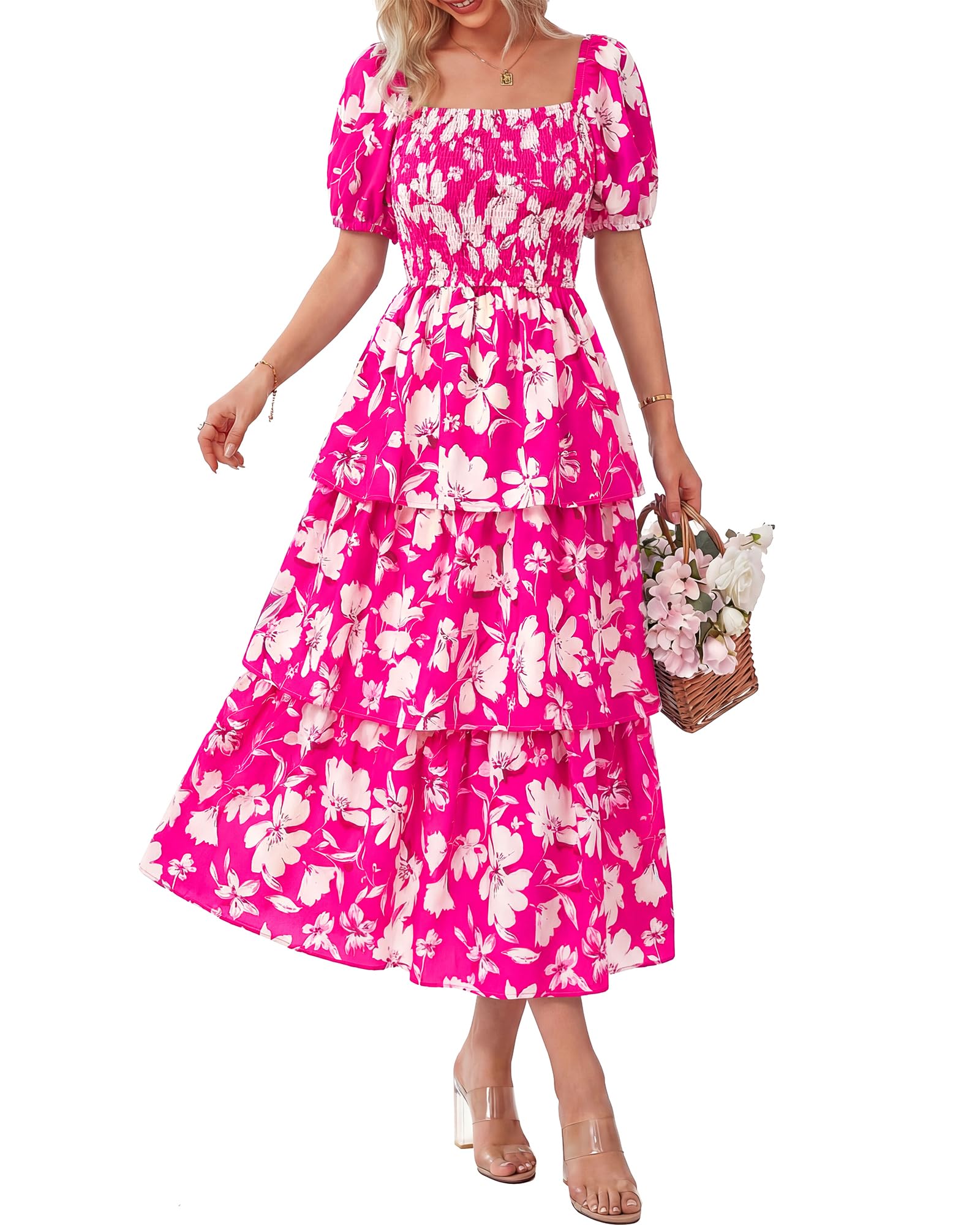 Women's Floral Square Neck Puff Short Sleeve Smocked Tiered Dress