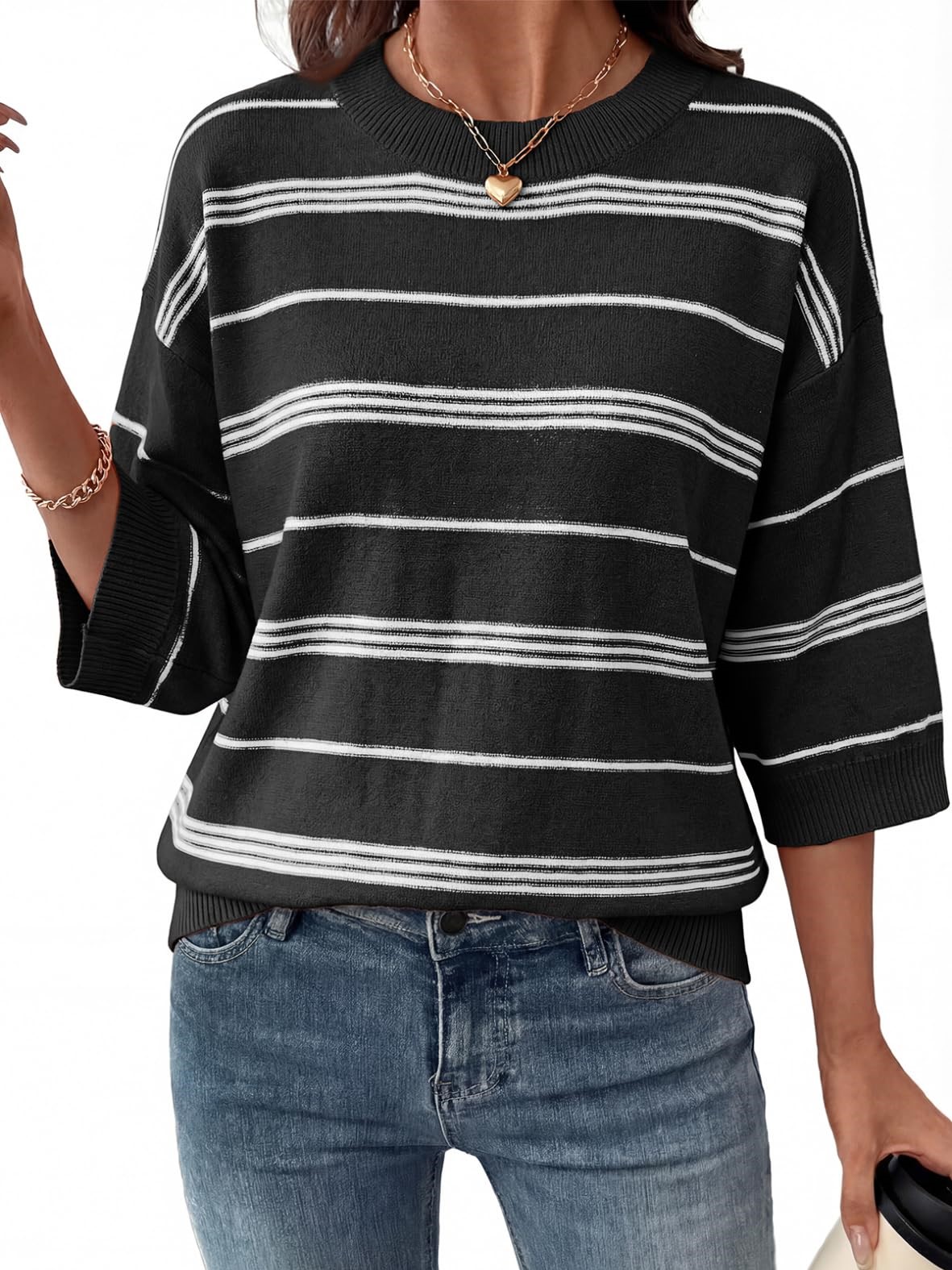 Women's Oversized 3/4 Sleeve Striped Lightweight Knit Sweater Tops