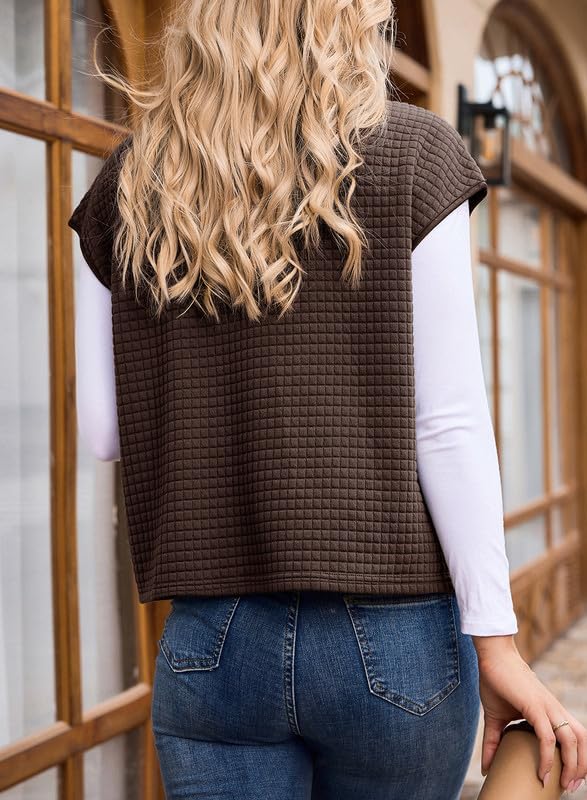 Womens Zipper Up Cap Sleeve Side Pockets Waffle Knit Sleeveless Oversized Vest Tops