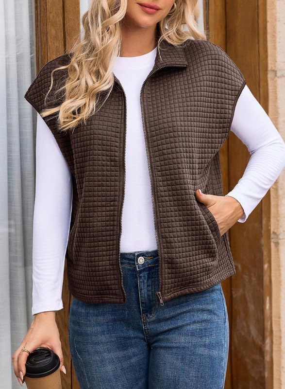 Womens Zipper Up Cap Sleeve Side Pockets Waffle Knit Sleeveless Oversized Vest Tops