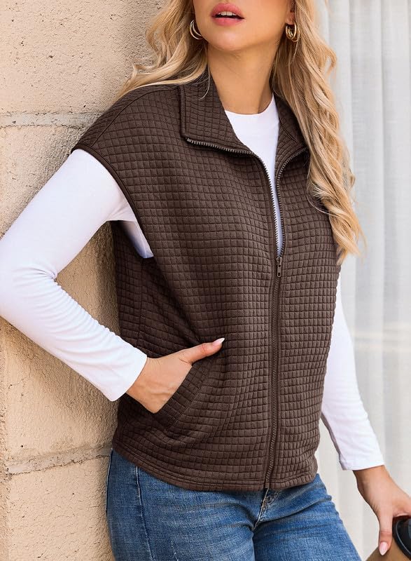 Womens Zipper Up Cap Sleeve Side Pockets Waffle Knit Sleeveless Oversized Vest Tops