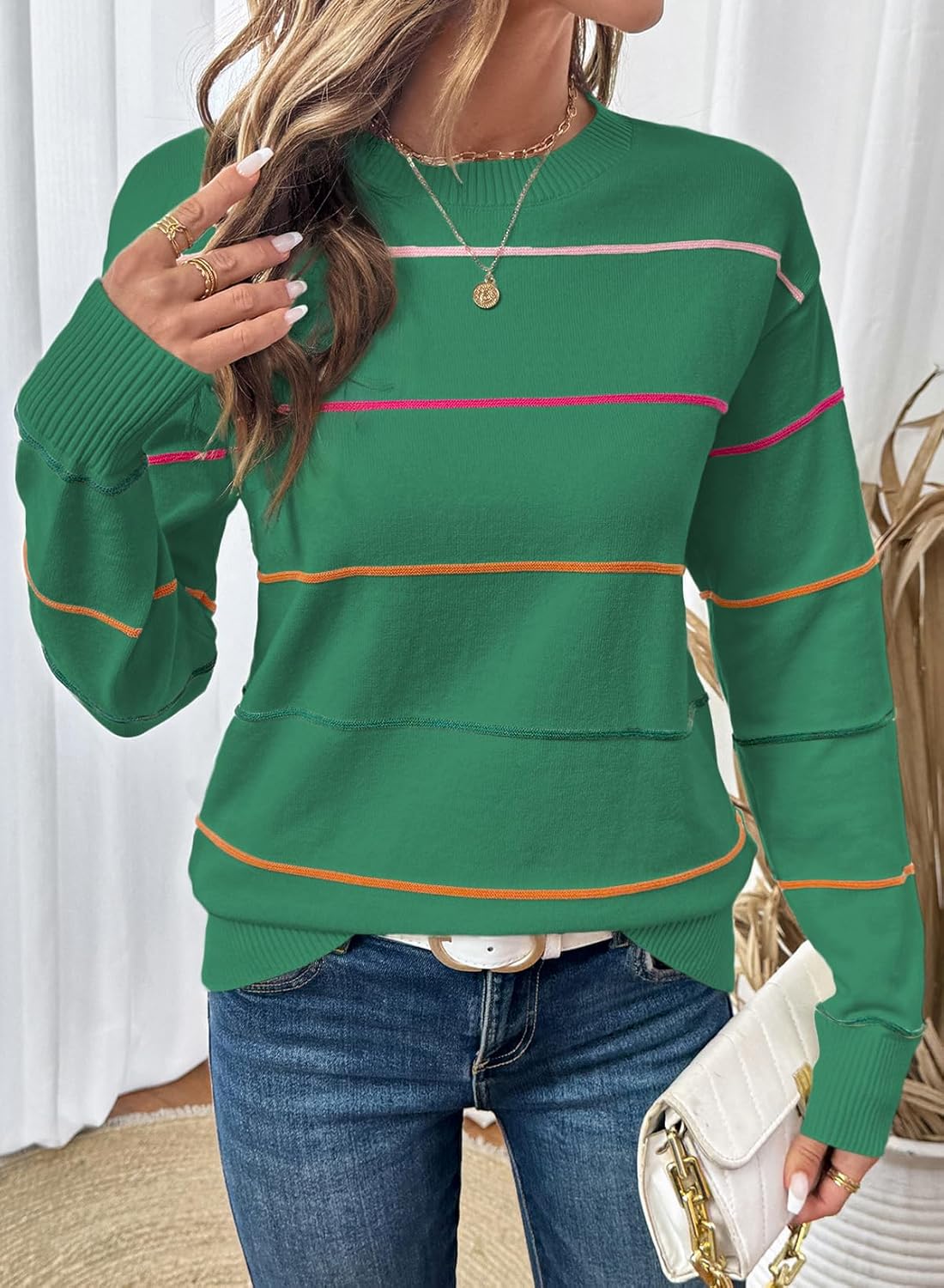 Womens Crew Neck Knit Long Sleeve Striped Sweater