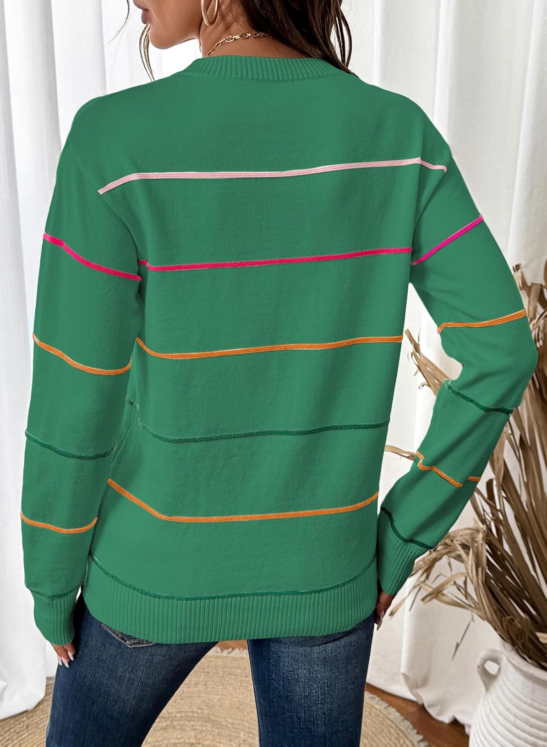 Womens Crew Neck Knit Long Sleeve Striped Sweater