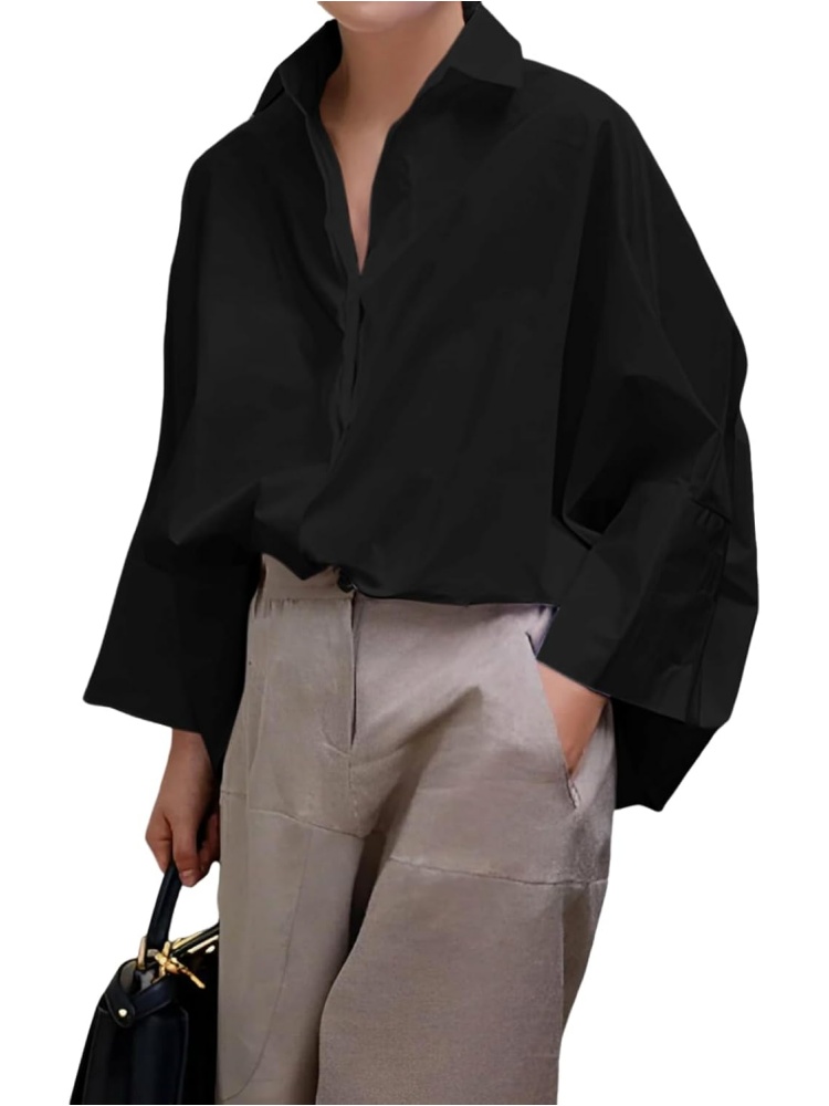 Womens Cotton Casual 3/4 Sleeve Loose Fit Collared Work Blouse Tops