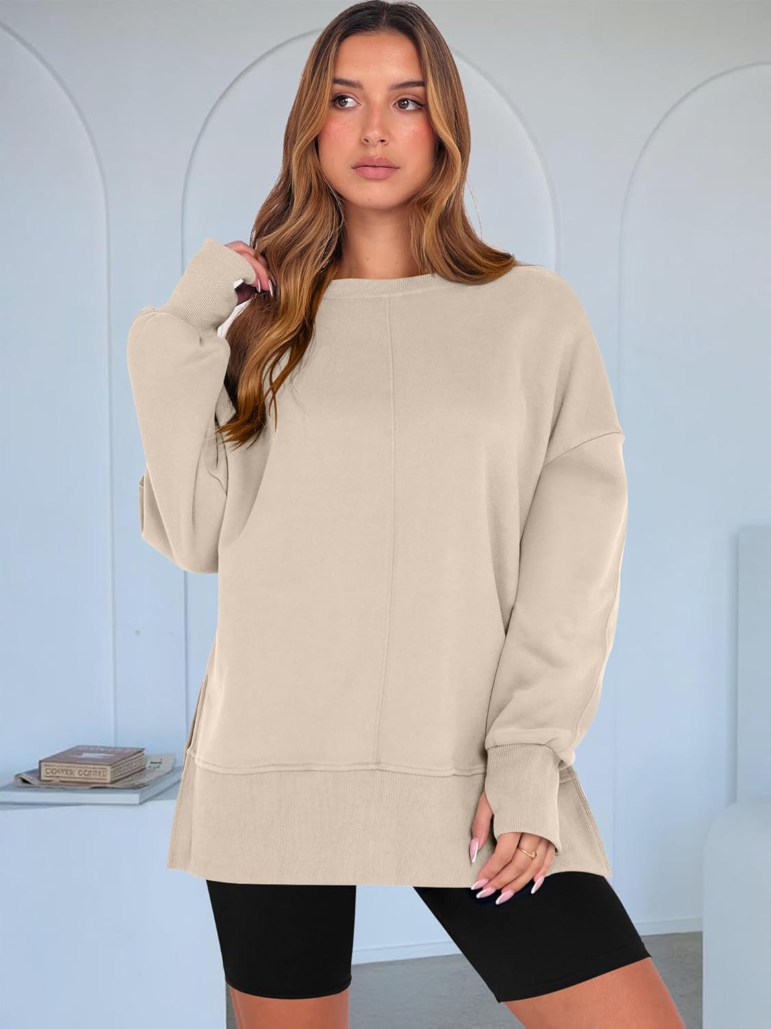 Womens Oversized Thumbhole Long Sleeve Side Slit Pullover Top