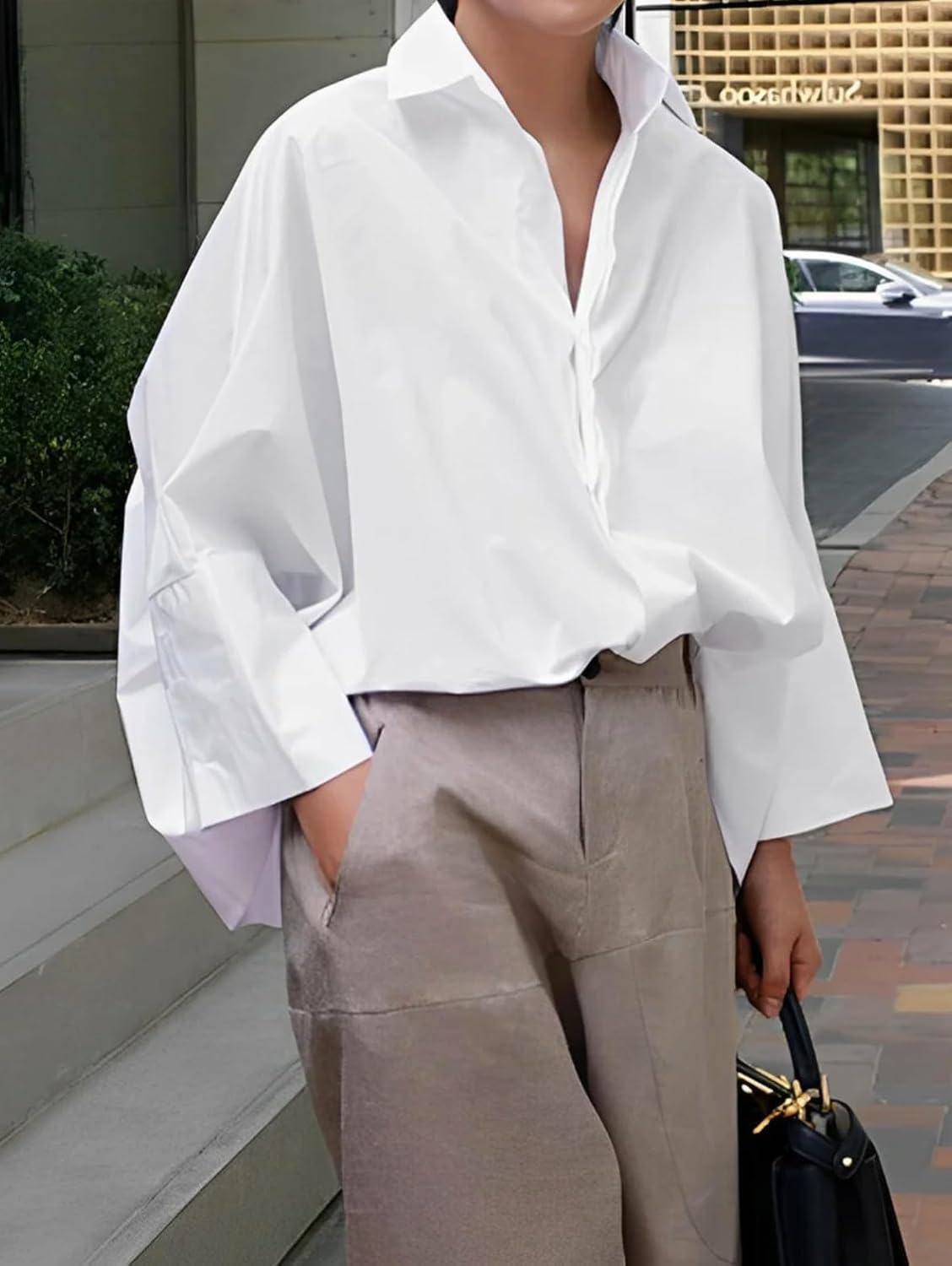 Womens Cotton Casual 3/4 Sleeve Loose Fit Collared Work Blouse Tops