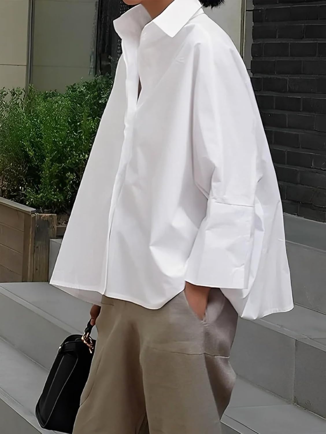 Womens Cotton Casual 3/4 Sleeve Loose Fit Collared Work Blouse Tops