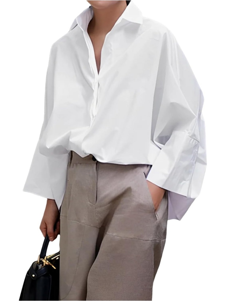 Womens Cotton Casual 3/4 Sleeve Loose Fit Collared Work Blouse Tops