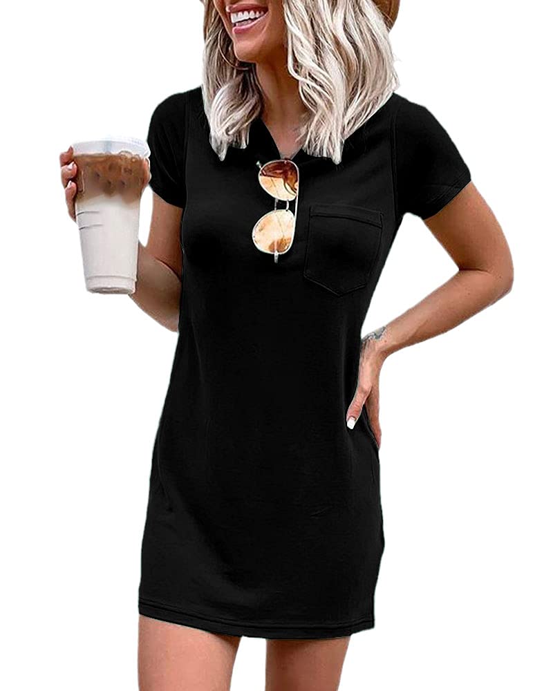Women Crew Neck Short Sleeve T Shirt Dress with Pocket