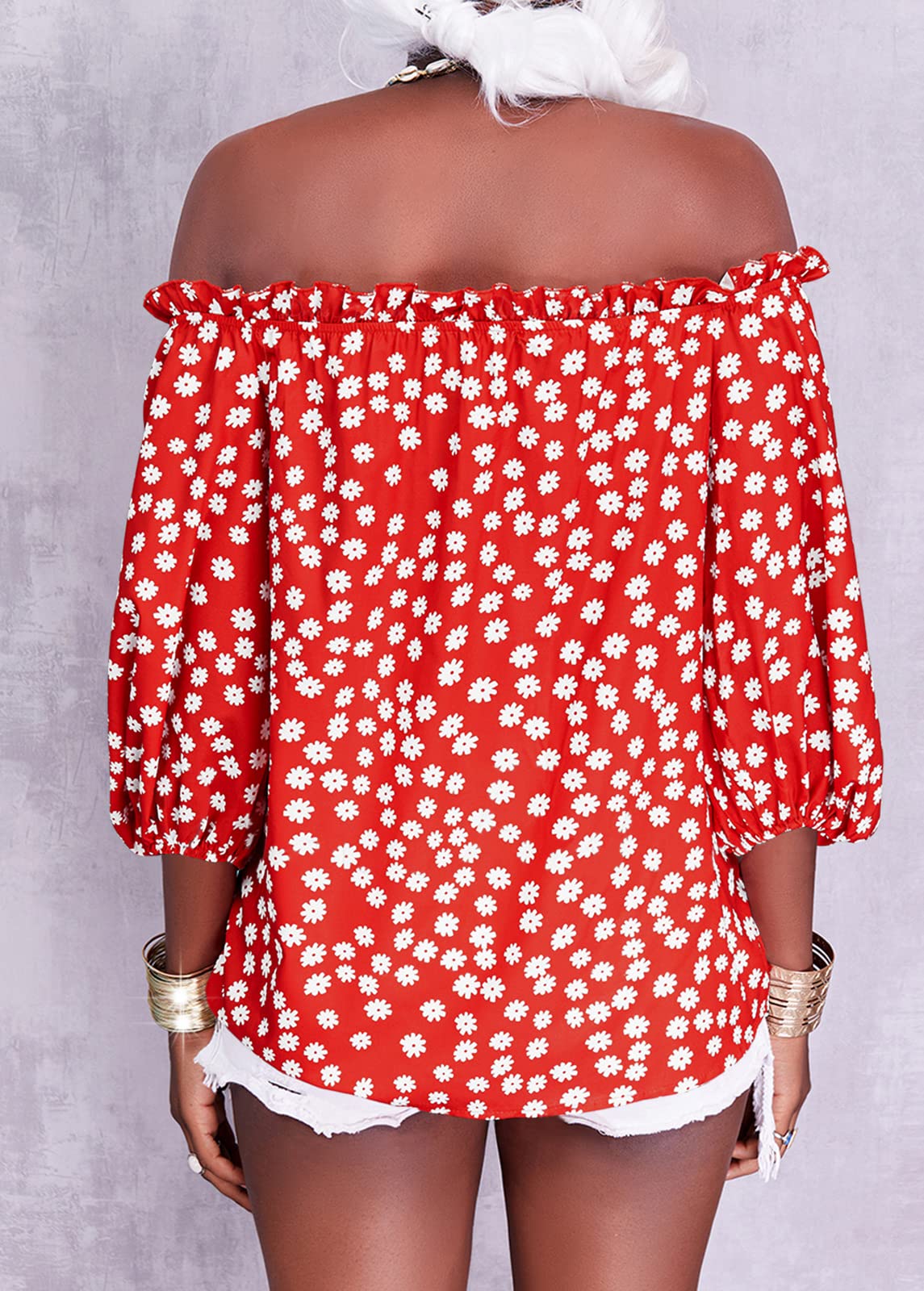 Womens Summer Off Shoulder Blouse Floral Print 3/4 Sleeve Casual Chiffon Tops