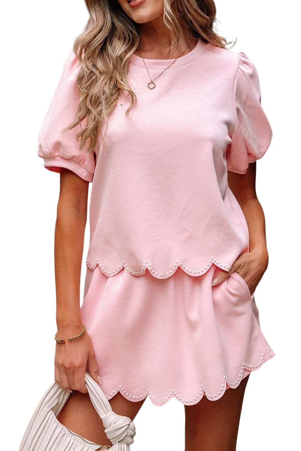 Women's Puff Sleeve Pearl Embellished Scallop Trim Skort Set