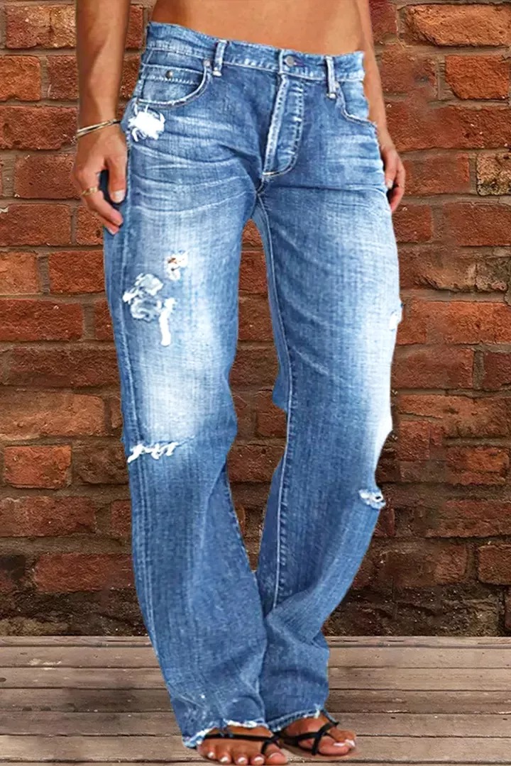 Ripped Low Waist Straight Leg Jeans
