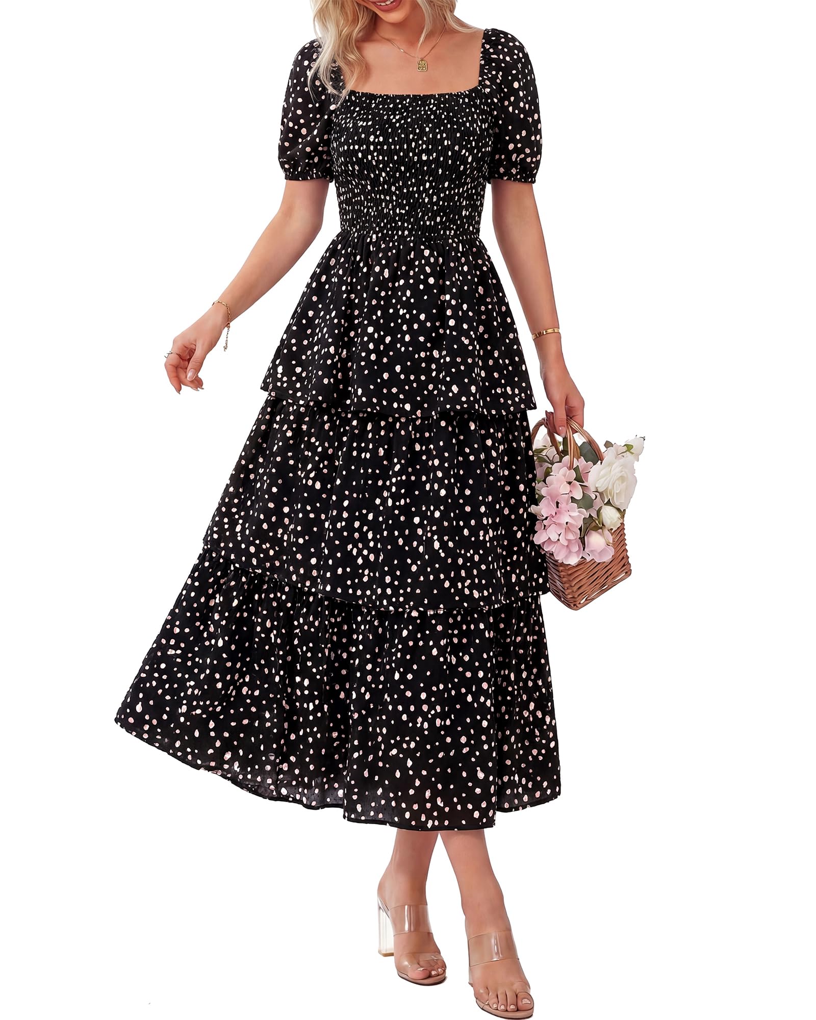 Women's Floral Square Neck Puff Short Sleeve Smocked Tiered Dress