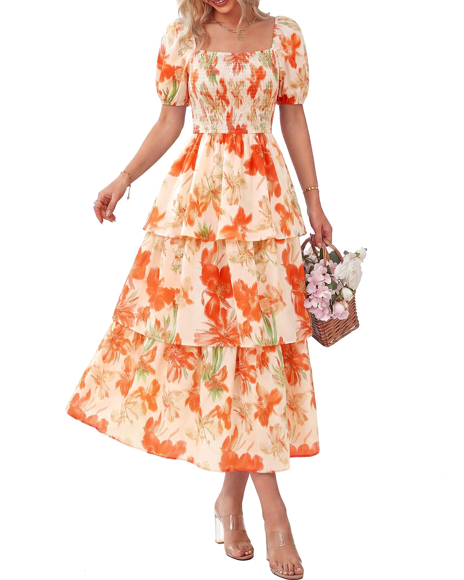 Women's Floral Square Neck Puff Short Sleeve Smocked Tiered Dress