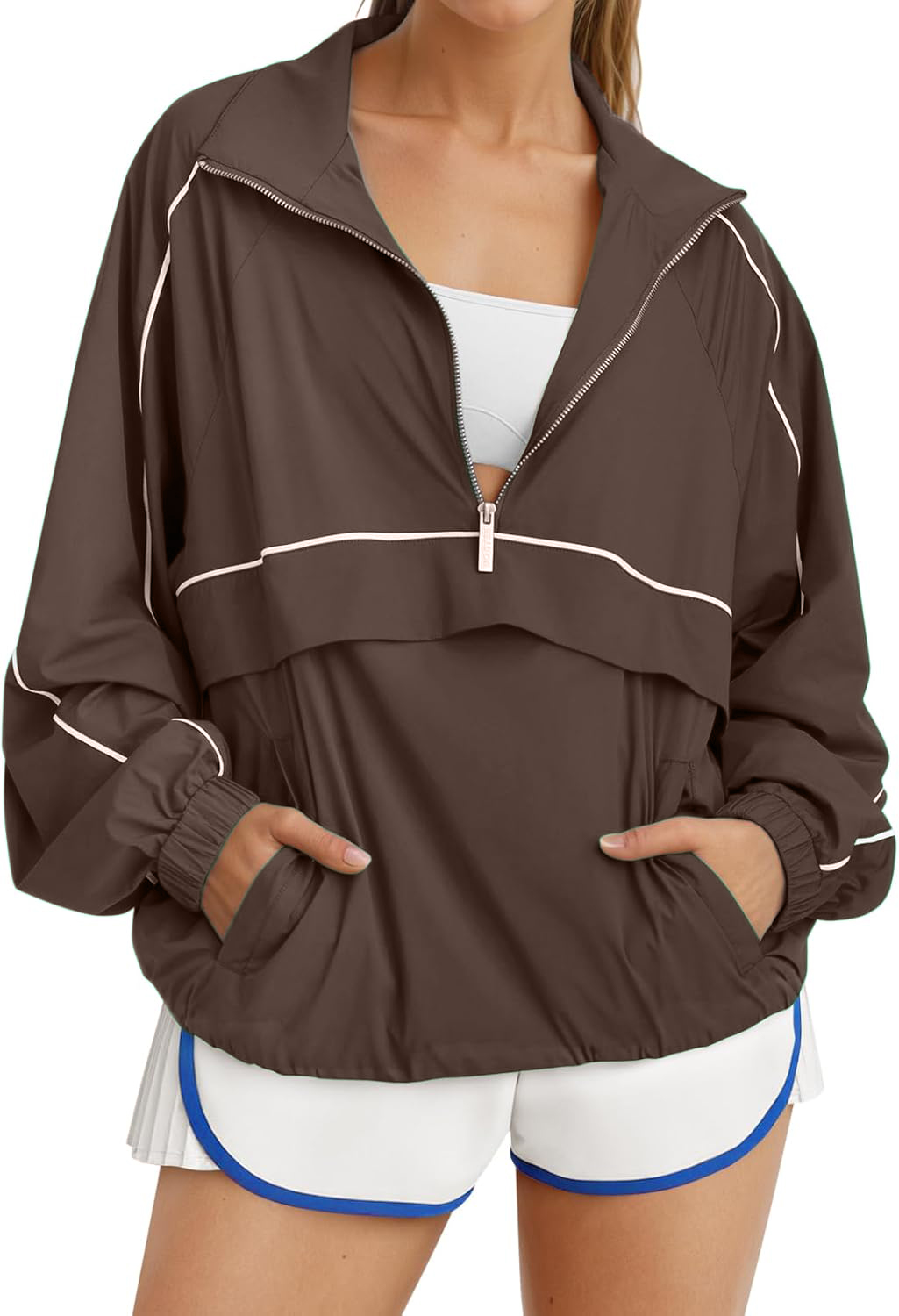 Women Quarter Zip Lightweight Pullover Windbreaker Jacket Oversized Sweatshirt