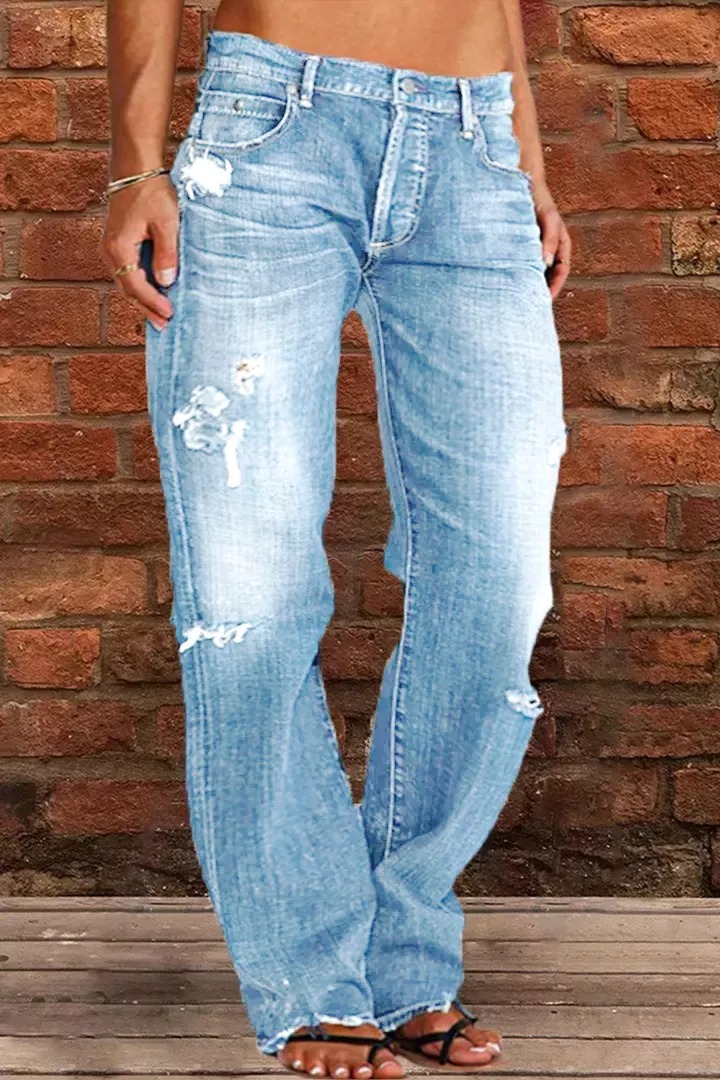 Ripped Low Waist Straight Leg Jeans