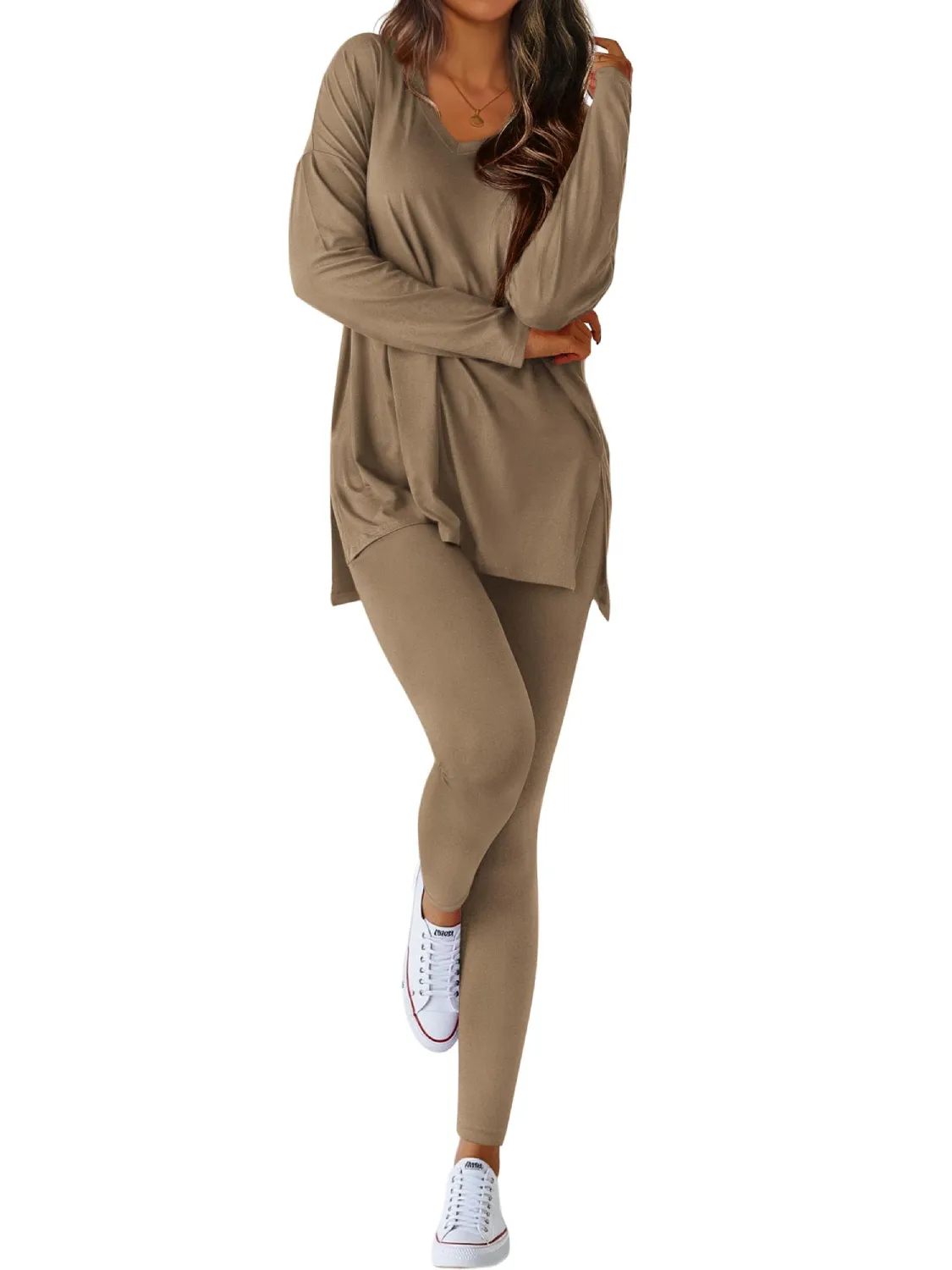 Women's V-neck Oversized Shirts Leggings Casual Lounge Matching Set