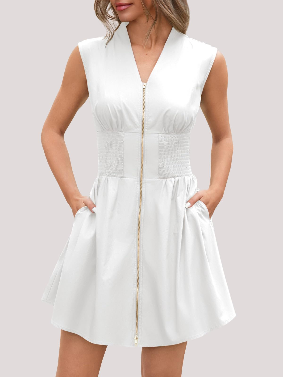 Women's Sleeveless Casual Zip Front V Neck Dress with Pockets