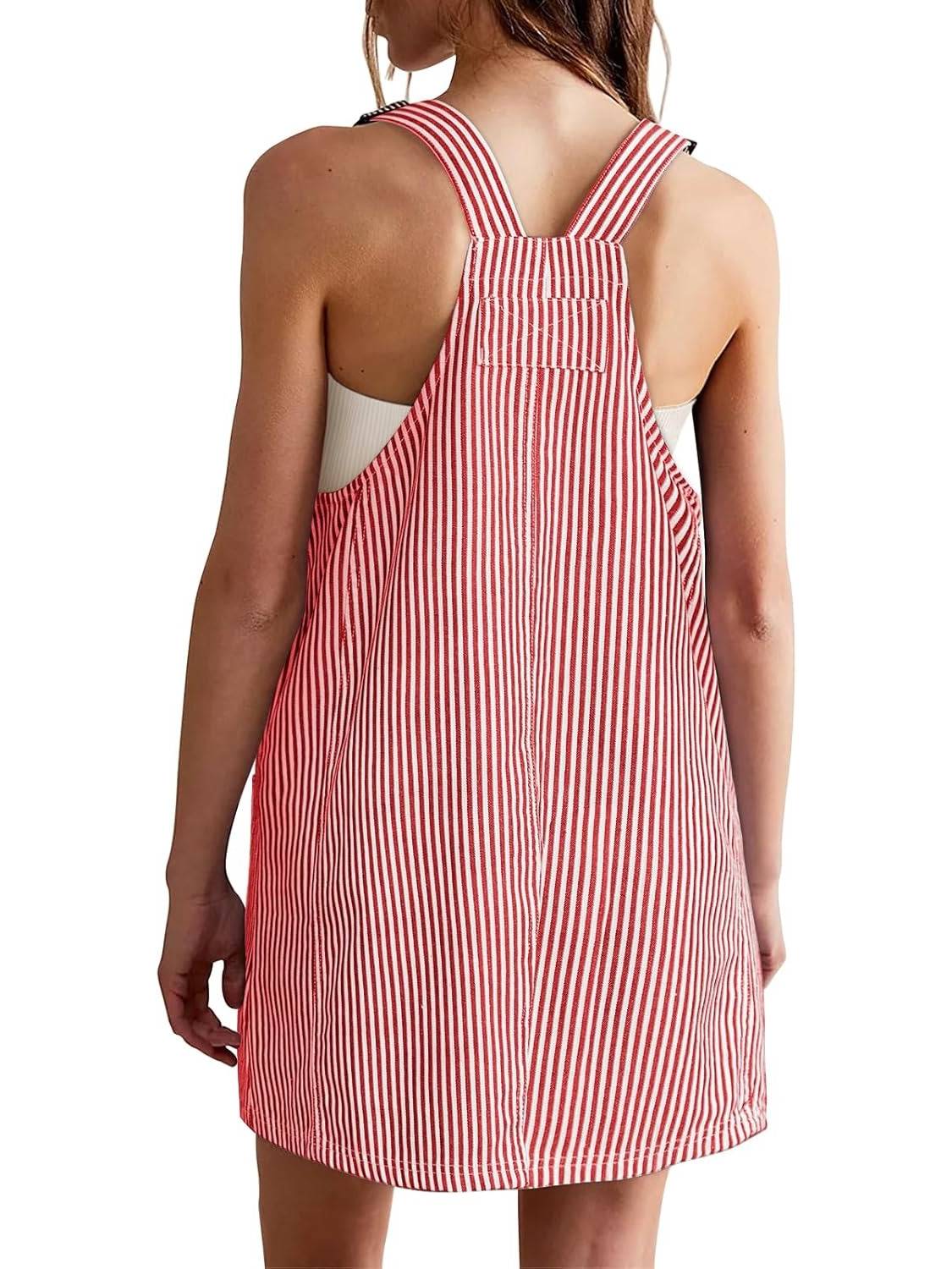 Womens Adjustable Straps Casual Denim Dress Summer Striped Overalls Romper