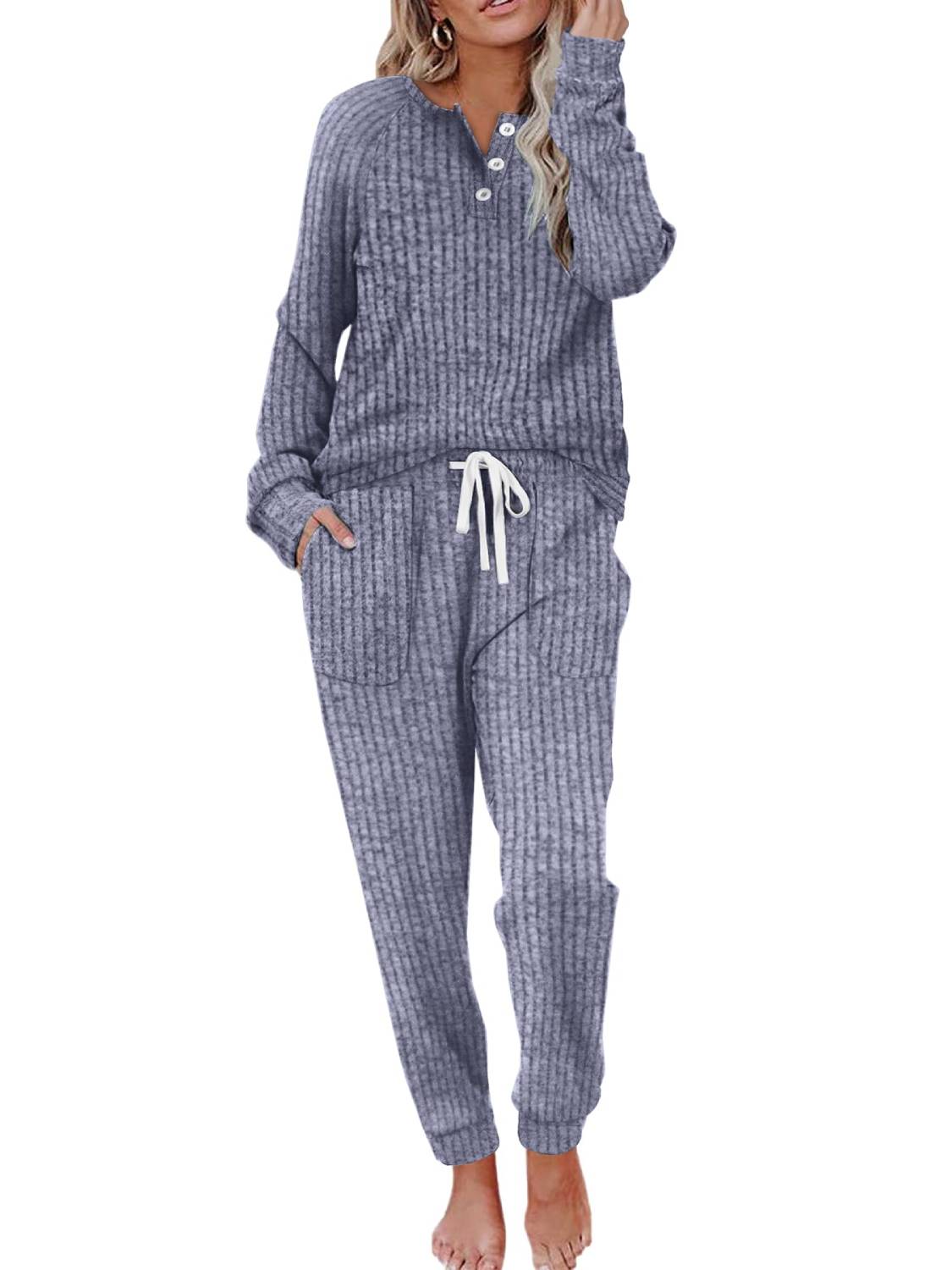 Women Lounge Sets Button Down Sweatshirt Sweatpants Two Piece Set with Pockets