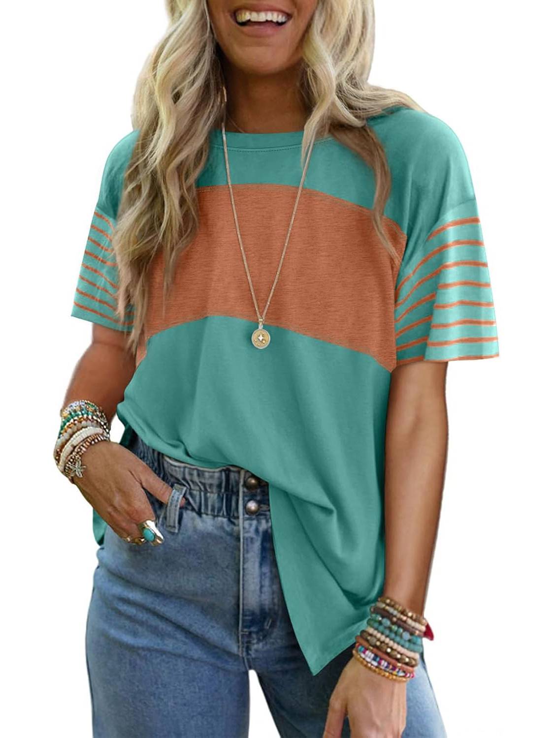 Womens Oversized Crewneck Casual Color Block Striped Shirts Blouses