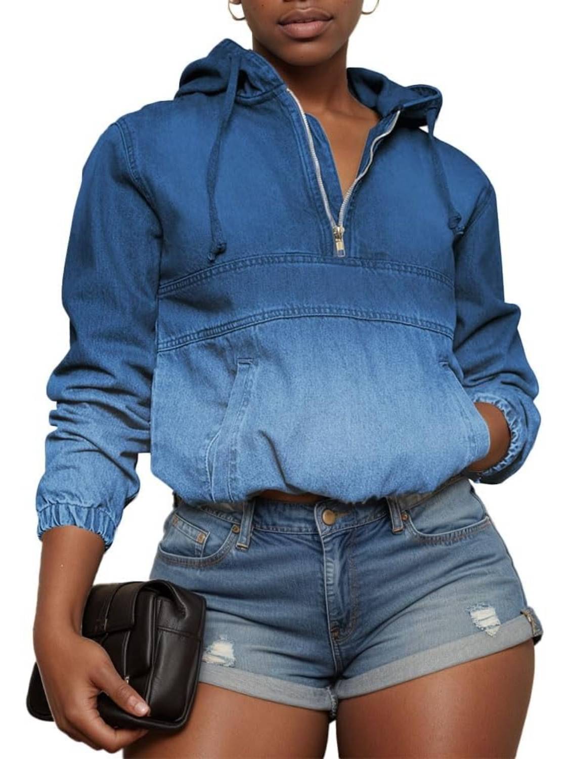 Women's Half Zip Denim Hoodie Pullover Jackets Jean Tops