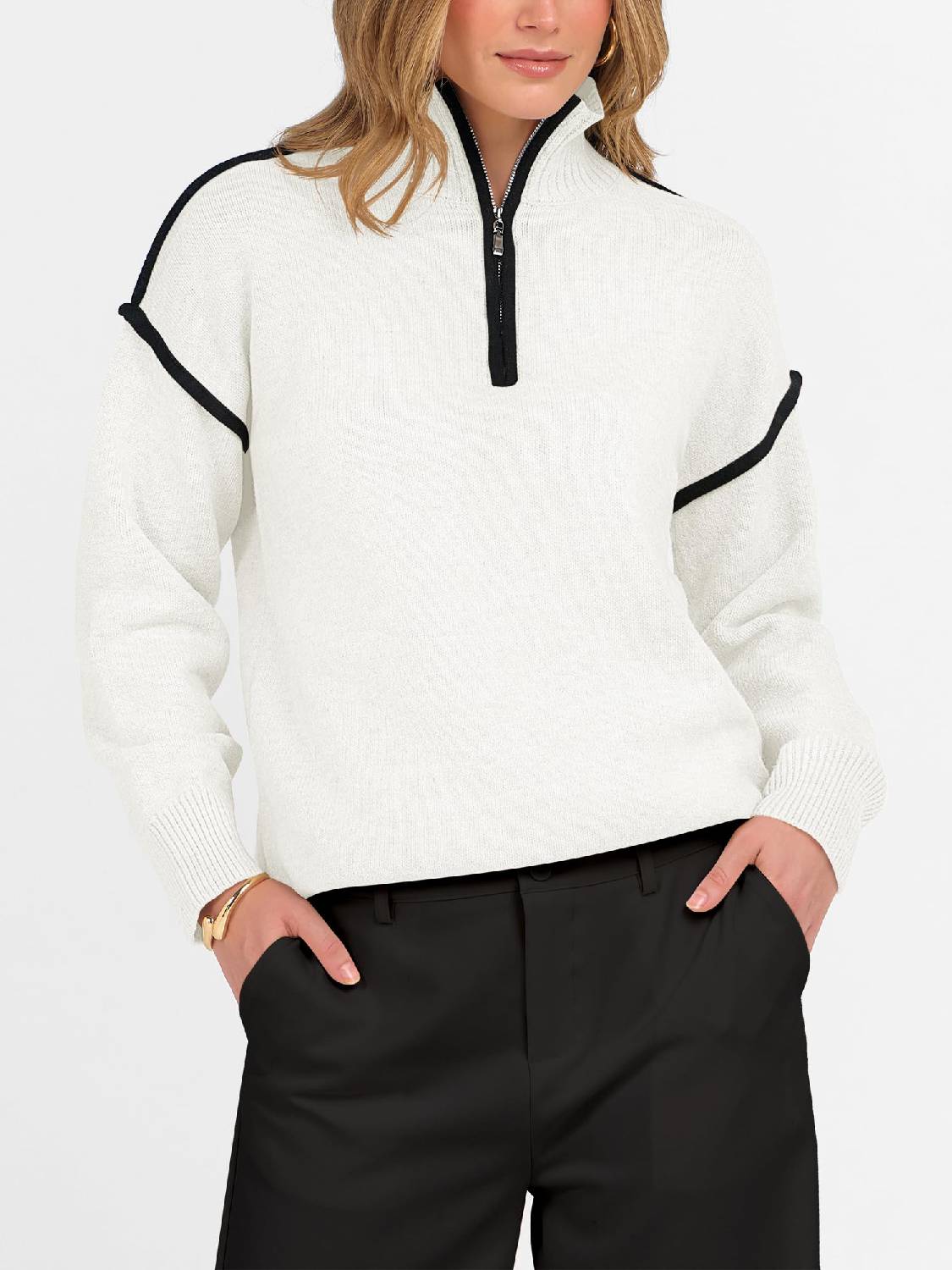 Womens Quarter Zip V Neck Shirts Collared Tops Knit Pullover Sweatshirts