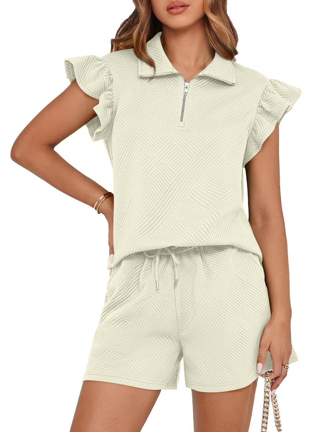 2025 New Women's Zipper V Neck Casual Ruffle Short Sleeve Tops and Drawstring Shorts 2 Piece Outfits(buy 2 free shipping)