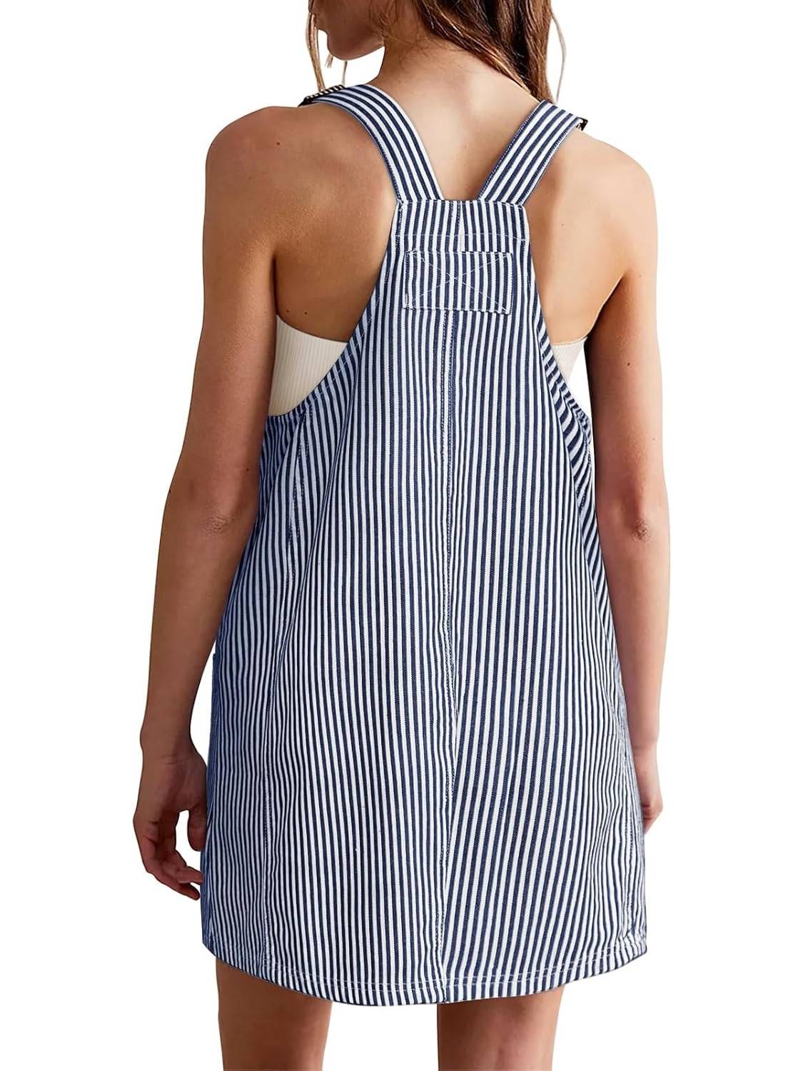 Womens Adjustable Straps Casual Denim Dress Summer Striped Overalls Romper